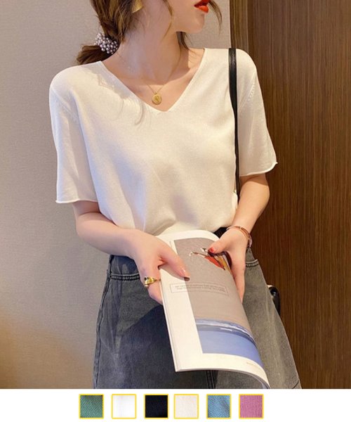 セール 韓国ファッション 夏新作 サマーニット レディース セーター 半袖セーター Vネック シンプル 無地 清楚 カジュアル トップス プルオーバー ショッピングゴー Shoppinggo Magaseek