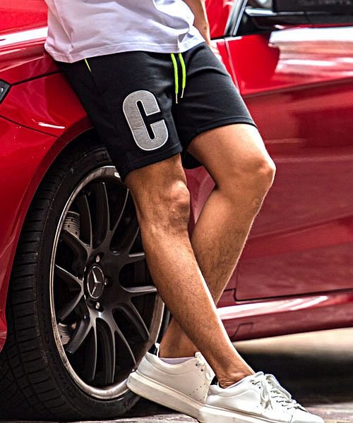 セール C V R A 別注フェルト刺繍入りストレッチショーツ ハーフパンツ メンズ ショートパンツ 短パン 膝上 ひざ上 ブランド フェルト キャバリア Cavaria Magaseek