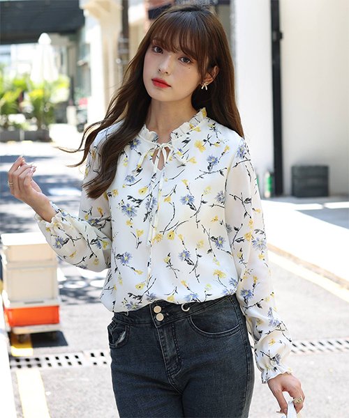 セール 花柄ネックリボンブラウス シンプル 長袖 フラワー かわいい レディース 春 夏 アミュレット Amulet Magaseek