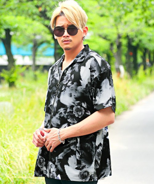 セール ダークフラワー半袖zipシャツジャケット ジャケット 半袖 メンズ 花柄 総柄 ラグスタイル Luxstyle Magaseek