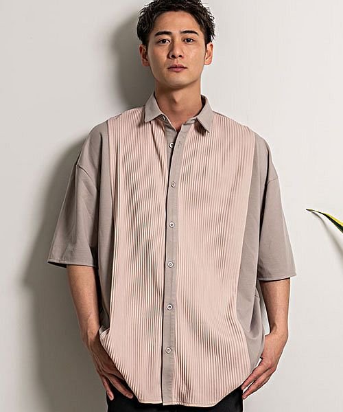 セール Cavaria ギャザー切り替えドロップショルダービッグシャツ メンズ 半袖 ブランド おしゃれ 大きいサイズ ギャザー 切り替え ドロップショルダー バイカラ キャバリア Cavaria Magaseek