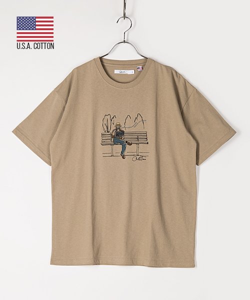 Amerikaya(Amerikaya)/【アメリカ屋】【WEB限定】ラフ画 刺繍 プリント 半袖 Tシャツ   /ベージュ
