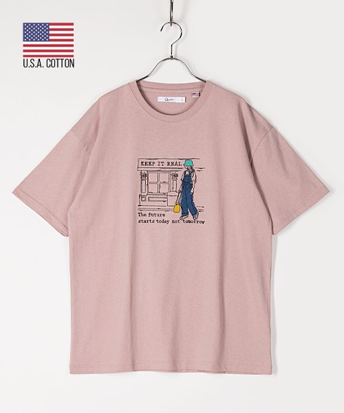 Amerikaya(Amerikaya)/【アメリカ屋】【WEB限定】ラフ画 刺繍 プリント 半袖 Tシャツ   /ピンク