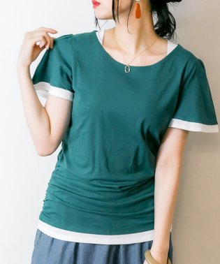 atONE/フレアー袖シャーリングカットソー バイカラー レイヤード スタイル カットソー 半袖 クルーネック 丸首  Tシャツ 春コーデ レディース カジュアル カットソ/504013122