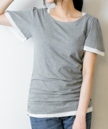 atONE/フレアー袖シャーリングカットソー バイカラー レイヤード スタイル カットソー 半袖 クルーネック 丸首  Tシャツ 春コーデ レディース カジュアル カットソ/504013122