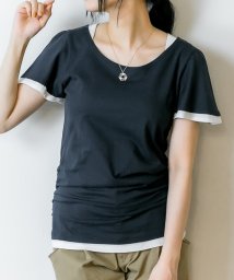 atONE(アットワン)/フレアー袖シャーリングカットソー バイカラー レイヤード スタイル カットソー 半袖 クルーネック 丸首  Tシャツ 春コーデ レディース カジュアル カットソ/ネイビー