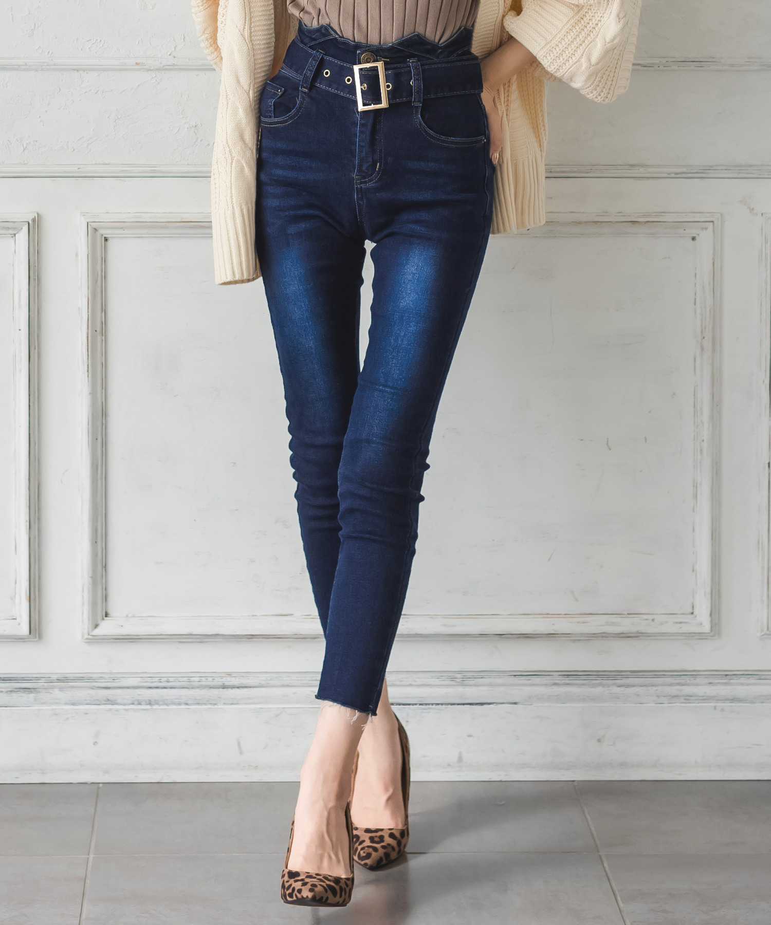 ベルト付きハイウエストスキニーデニムパンツ/21123(504145647