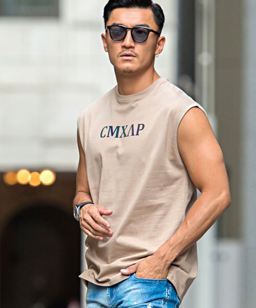 Cmxap バックロゴテープ貼付けノースリーブ メンズ 大きいサイズ おしゃれ タンクトップ ブランド ロゴ 刺繍 バックテープ プリント クルーネック エスビーセレクト Sb Select Magaseek