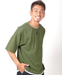 LUXSTYLE(ラグスタイル)/フェイクレイヤードBIGTシャツ/Tシャツ メンズ 半袖 5分袖 ビッグシルエット フェイクレイヤード 無地/オリーブ