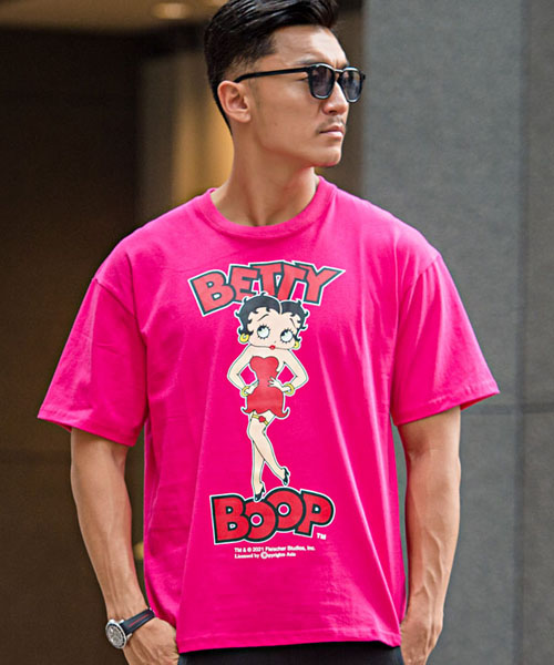Betty Boop ロゴプリント入りクルーネック半袖ビッグTシャツ メンズ 半袖 プリント Betty Boop ベティ・ブープ ベティちゃん
