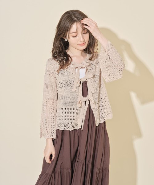 tocco closet(トッコクローゼット)/前後２ＷＡＹりぼん付きフレアスリーブスカラップカット透かし編みカーディガン/BEIGE