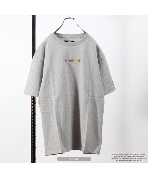 1111clothing(ワンフォークロージング)/◆PLAYBOY レインボーロゴ刺繍 Tシャツ◆ プレイボーイ tシャツ メンズ 半袖 レディース 半袖tシャツ ブランド tシャツ トップス 綿100 ロゴt/グレー