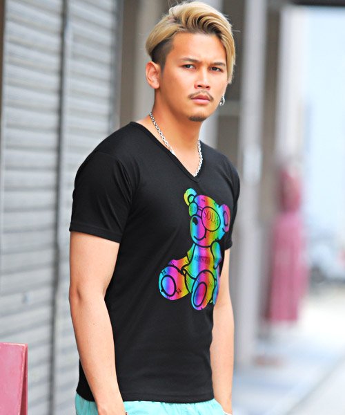 セール レインボーベア箔プリントvネック半袖tシャツ Tシャツ メンズ 半袖 Vネック ベア 箔プリント レインボーカラー ラグスタイル Luxstyle Magaseek