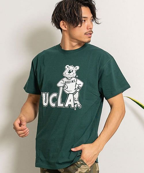 SB Select(エスビーセレクト)/UCLA ベアキャラクターロゴプリントクルーネック半袖ビッグTシャツ ユーシーエルエー Tシャツ メンズ ベア 熊 クマ ブルーインズ ジョー ルーズシルエット/グリーン