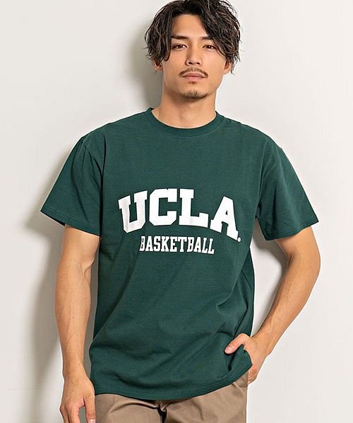 SB Select(エスビーセレクト)/UCLA ロゴプリントクルーネック半袖ビッグTシャツ ユーシーエルエー Tシャツ メンズ カレッジロゴ ルーズシルエット カルフォルニア ロサンゼルス トップス/グリーン