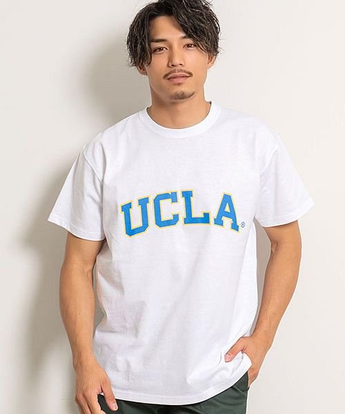 SB Select(エスビーセレクト)/UCLA ロゴプリントクルーネック半袖ビッグTシャツ ユーシーエルエー Tシャツ メンズ カレッジロゴ ルーズシルエット カルフォルニア ロサンゼルス トップス/ホワイト
