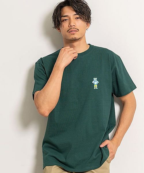 SB Select(エスビーセレクト)/UCLA ワンポイント刺繍入りクルーネック半袖ビッグTシャツ ユーシーエルエー メンズ トップス インナー カットソー クルーネック カレッジロゴ バックプリン/グリーン