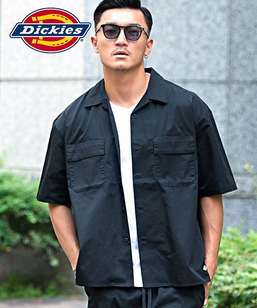 SB Select(エスビーセレクト)/Dickies ビッグシルエット半袖ワークシャツ ディッキーズ シャツ メンズ オシャレ 半袖 国内正規品 大きいサイズ ブランド ワークシャツ オープンカラー/ブラック