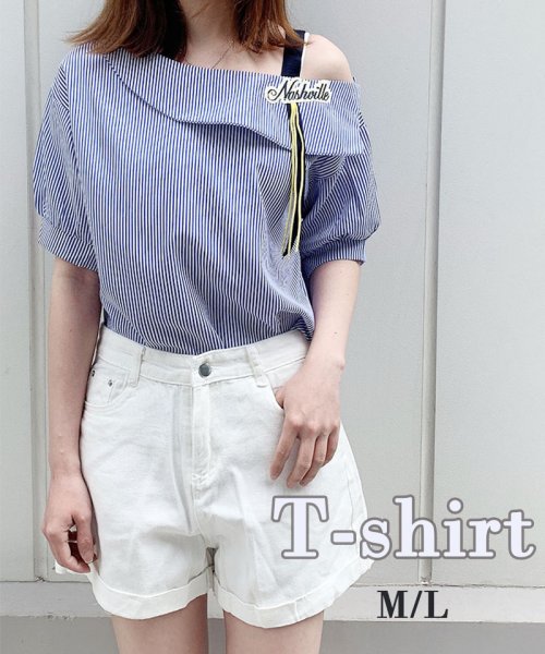 セール Tシャツ レディース オフショルダー かわいい トレンド シャツ ストライプ柄 トップス ブラウス オフェス 韓国ファッション セイヘイショップ Seiheishop Magaseek