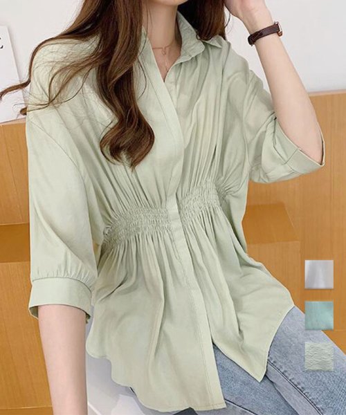 セール ブラウス ロング丈 ゴムウエスト グリーン 春夏シーズン ブラウス 韓国ファッション トップス シャツレディース セイヘイショップ Seiheishop Magaseek