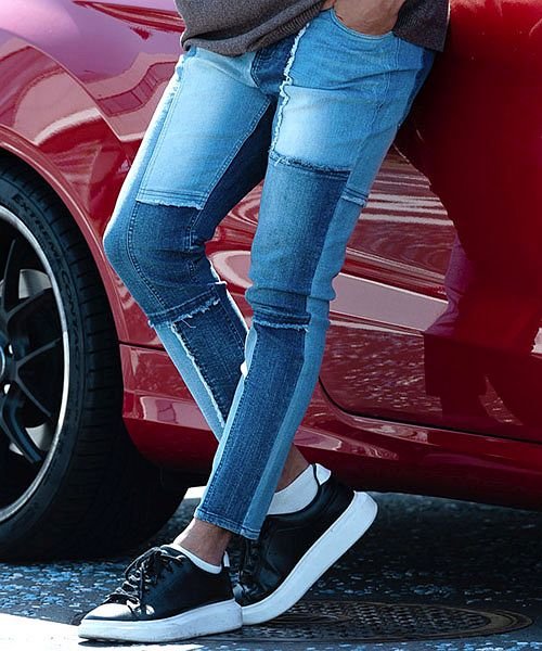 Cavaria デザインパッチワークストレッチデニムパンツ メンズ ジーンズ パッチワーク ストレッチ スキニーパンツ スキニーデニム ジーパン アンクル キャバリア Cavaria Magaseek