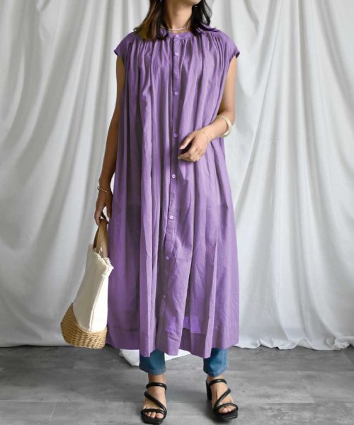 ARGO TOKYO(アルゴトウキョウ)/Cotton shirt sleeveless volume one－piece 2901402　コットンシャツスリーブレスボリュームワンピース　シャツワンピー/パープル