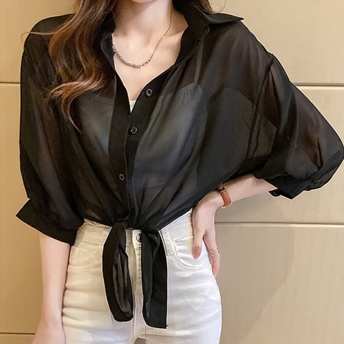 セール 裾リボン結び シャツブラウス 韓国風 ミニミニストア Miniministore Magaseek