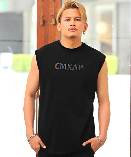 LUXSTYLE(ラグスタイル)/CMXAPオーロラプリントロゴテープノースリーブTシャツ/ノースリーブ Tシャツ メンズ ロゴ プリント ロゴテープ/ブラック