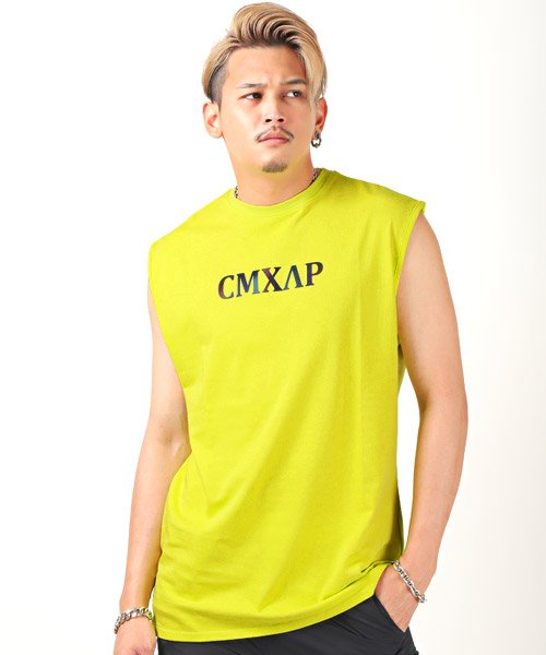 LUXSTYLE(ラグスタイル)/CMXAPオーロラプリントロゴテープノースリーブTシャツ/ノースリーブ Tシャツ メンズ ロゴ プリント ロゴテープ/イエロー