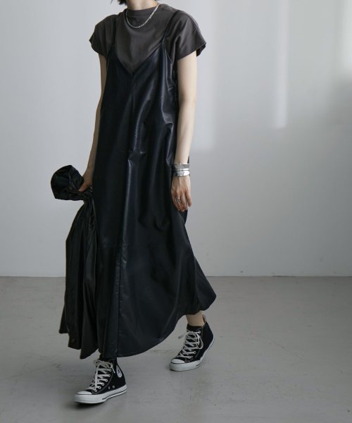 2wayフェイクレザーキャミワンピ ワンピース サロペット レディース ロングワンピ レザー ロング マキシ 2way 前後 合皮 サロペ サロペワンピ ゆった エトル Etoll Magaseek