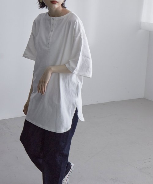セール Off 2wayヘンリーネックt トップス Tシャツ レディース 半袖 五分袖 ビッグシルエット 綿 綿100 ヘンリーネック 2way 前後着用 エトル Etoll Magaseek