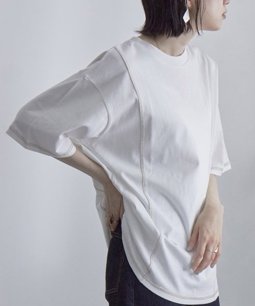 セール 綿100 着回し抜群 こなれ感を演出する リンキング デザイン Tシャツ レディース トップス 5分袖 半端袖 Tシャツ リンキング カットソー ビッグシルエ エトル Etoll Magaseek