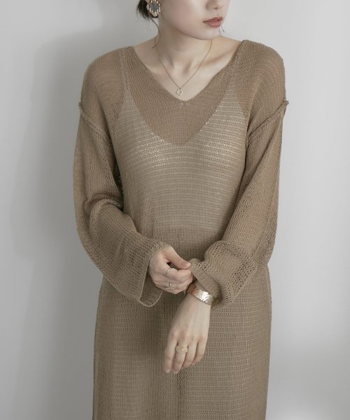 エトル Etoll リネンライク メッシュニットワンピース レディース 長袖 クロシェニット ニット ロングワンピース キーネック プルオーバー ざっくり ネットニット サマーニッ Magaseek