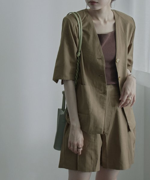 セール リネンタッチノーカラージャケット アウター ジャケット 半袖 五分袖 綿 綿100 レディース セットアップ ノーカラー 羽織り エトル Etoll Magaseek