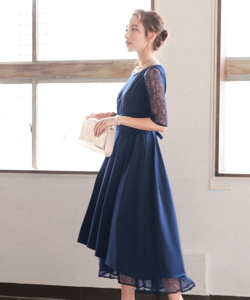 結婚式 ワンピース パーティードレス レース ベルト バックリボン 小さいサイズ 大きいサイズ S M L ロング 5分袖 フィッシュテールスカート 披露宴 ニアナ Niana Magaseek