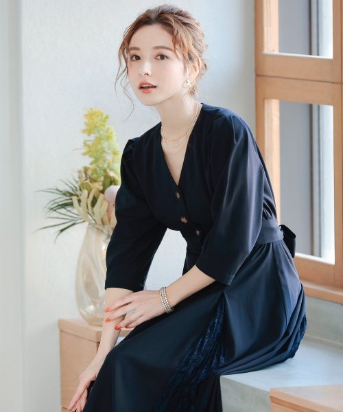 セール 結婚式 ワンピース パーティードレス 無地 フロントボタン 前開き パフスリーブ パワーショルダーs M ゆったり 体型カバー ミモレ丈 長袖 袖あり オケージ ニアナ Niana Magaseek