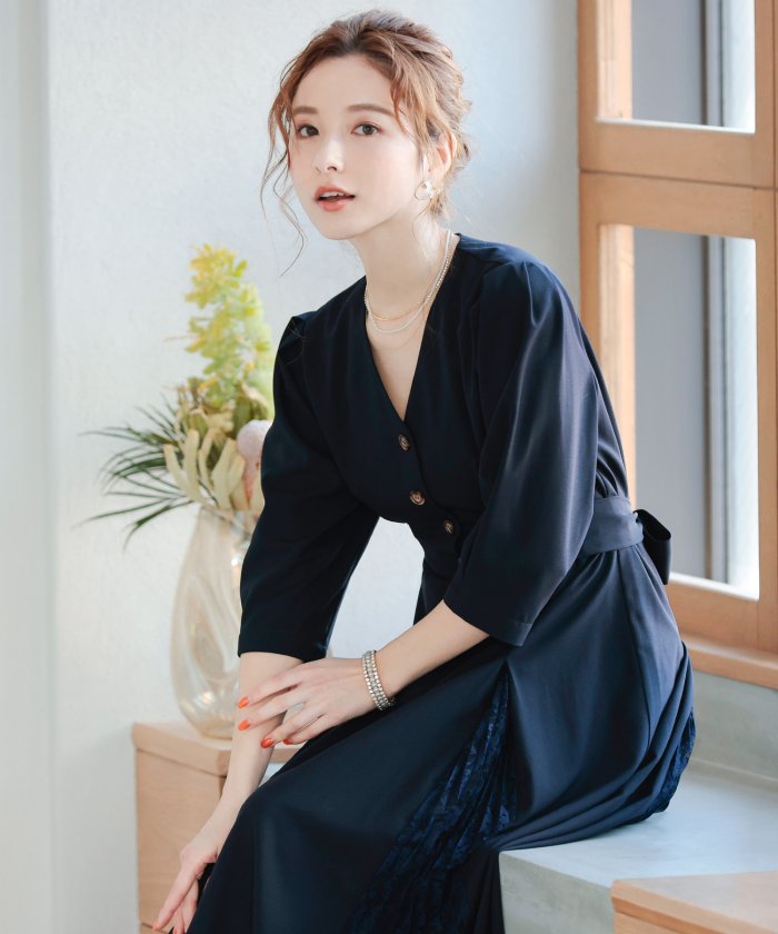 セール 5 Off 結婚式 ワンピース パーティードレス 無地 フロントボタン 前開き パフスリーブ パワーショルダーs M ゆったり 体型カバー ミモレ丈 長袖 袖あり オケージ ニアナ Niana Magaseek