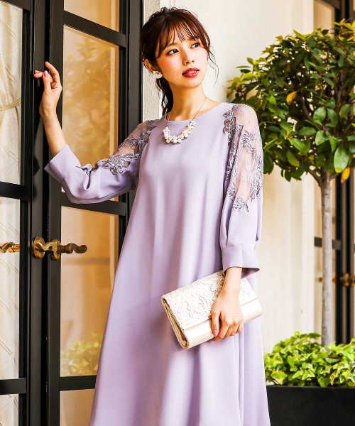 パーティードレス Aライン ネックレス付き パール フェイクパール レース 袖コンシャス レース フレアスカート 7分袖 結婚式ワンピース 代 30 代 40 ニアナ Niana Magaseek