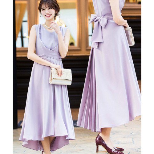 セール パーティードレス 結婚式 お呼ばれ 2way リボンベルト クロス プリーツスカート 披露宴 ドレス ロングワンピースvネックバックシャン リボン ベルト付き ニアナ Niana Magaseek
