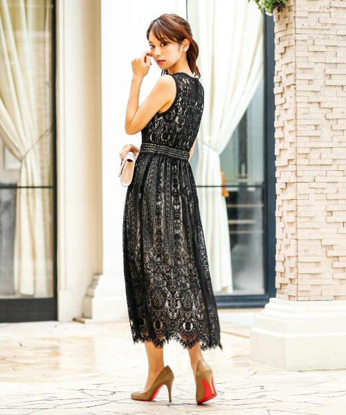 セール パーティードレス 総レース ハイウエスト ロングスカート レース フレアスカート スカラップ レース ウエストゴム ハイネック結婚式ワンピース 代 30代 ニアナ Niana Magaseek