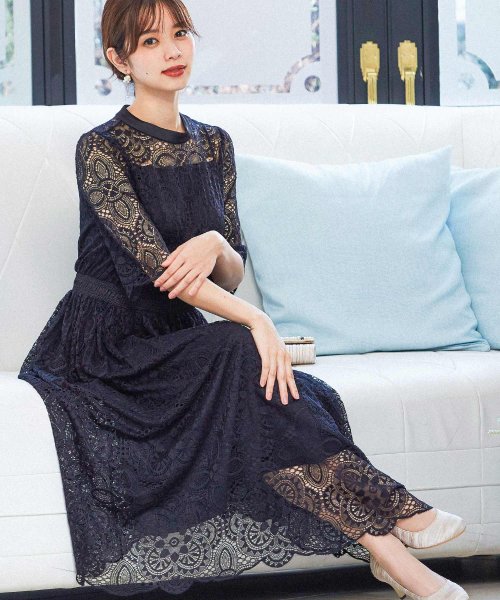 結婚式 ワンピース パーティードレス 花柄 チュール ロング シアー 透け感 袖あり 7分袖 ハイネック サテン キャミ 大きいサイズ オケージョン 1 5 ニアナ Niana Magaseek