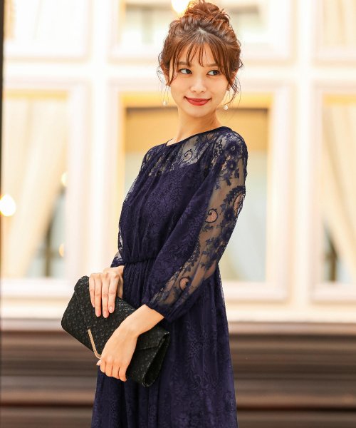結婚式 ワンピース パーティードレス 総レース シアー 透け感 ロング 袖あり 春 夏 秋 冬 パーティドレス 二次会 2次会 レース成人式 同窓会 体型カバー ニアナ Niana Magaseek