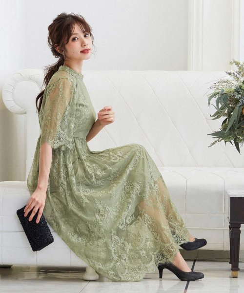 結婚式 ワンピース パーティードレス 花柄 チュール ロング 総レース シアー 透け感 ハイネック ウエストゴム ミモレ丈 5分袖袖あり オケージョン 1 5次 ニアナ Niana Magaseek