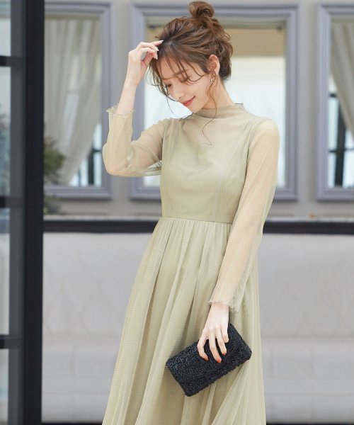 結婚式 ワンピース パーティードレス シアー 透け感 シースルー ラメ ハイネック メロウ バックボタン レイヤード S M L 体型カバー ミモレ丈 長袖 袖 ニアナ Niana Magaseek