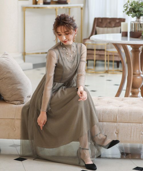 セール 結婚式 ワンピース パーティードレス シアー 透け感 シースルー ラメ ハイネック メロウ バックボタン レイヤード S M L 体型カバー ミモレ丈 長袖 袖 ニアナ Niana Magaseek