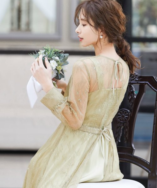 結婚式 ワンピース パーティードレス 2way バックリボン 無地 ロング 総レース 透け感 ウエストゴム 長袖 袖あり オケージョン 1 5次会 春 夏 秋 ニアナ Niana Magaseek