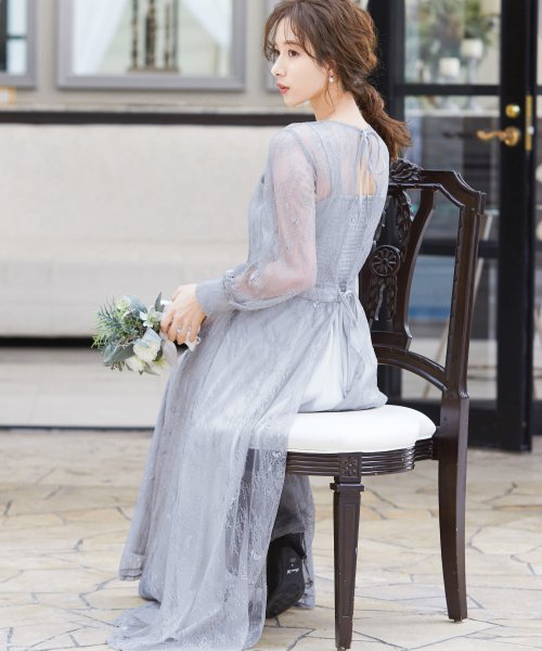 結婚式 ワンピース パーティードレス 2way バックリボン 無地 ロング 総レース 透け感 ウエストゴム 長袖 袖あり オケージョン 1 5次会 春 夏 秋 ニアナ Niana Magaseek