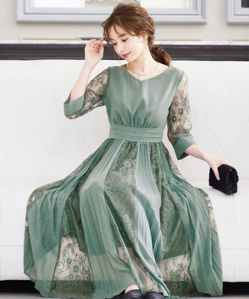 結婚式 ワンピース パーティードレス 花柄 プリーツ チュール ロング 総レース 透け感 ウエストゴム 大きいサイズ 小さいサイズ 7分袖 袖あり オケージ ニアナ Niana Magaseek