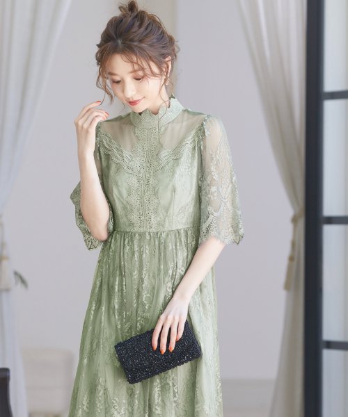 結婚式 ワンピース パーティードレス 花柄 チュール ロング 総レース シアー 透け感 ハイネック スタンドネック スカラップ ウエストゴム 5分袖 袖 あり ニアナ Niana Magaseek