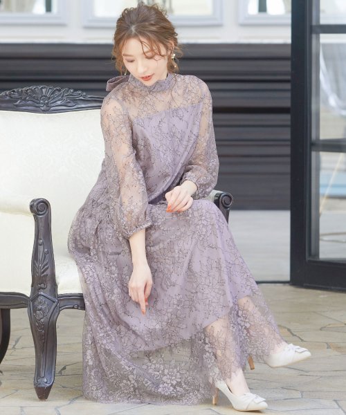 結婚式 ワンピース パーティードレス セットアップ 3way 2way スカート ロングスカート レース ロング シアー リボン ボウタイ 透け感 袖あり ウ ニアナ Niana Magaseek